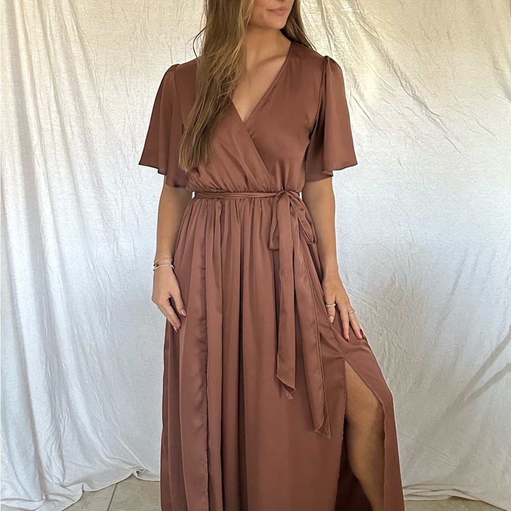 Baltic Born Mauve Brown Satin Wrap Maxi Dress
